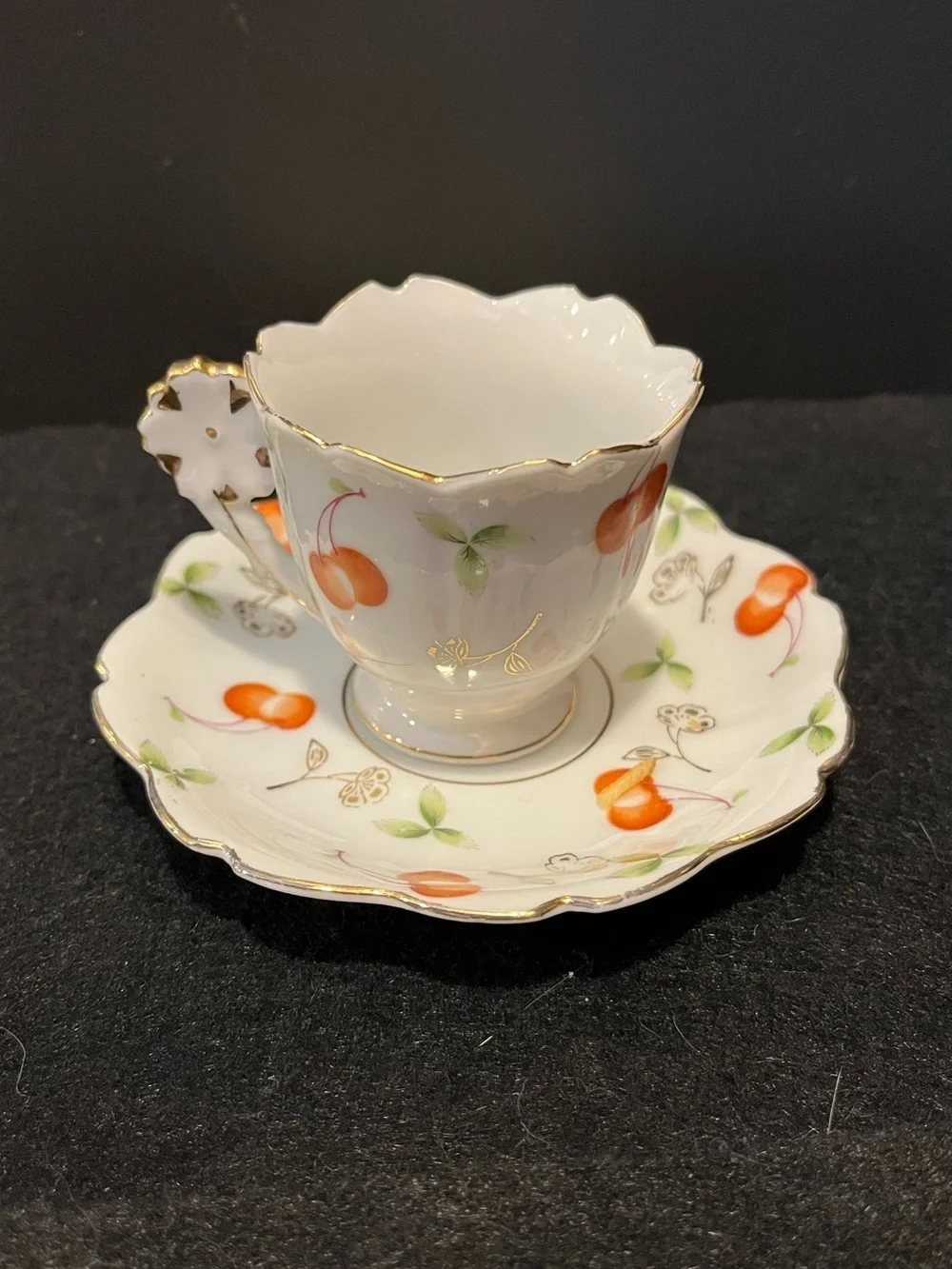 VTG Ucagco Demitasse Cup & Saucer with Cherry Motif & Gold Trim Made Occ. Japan